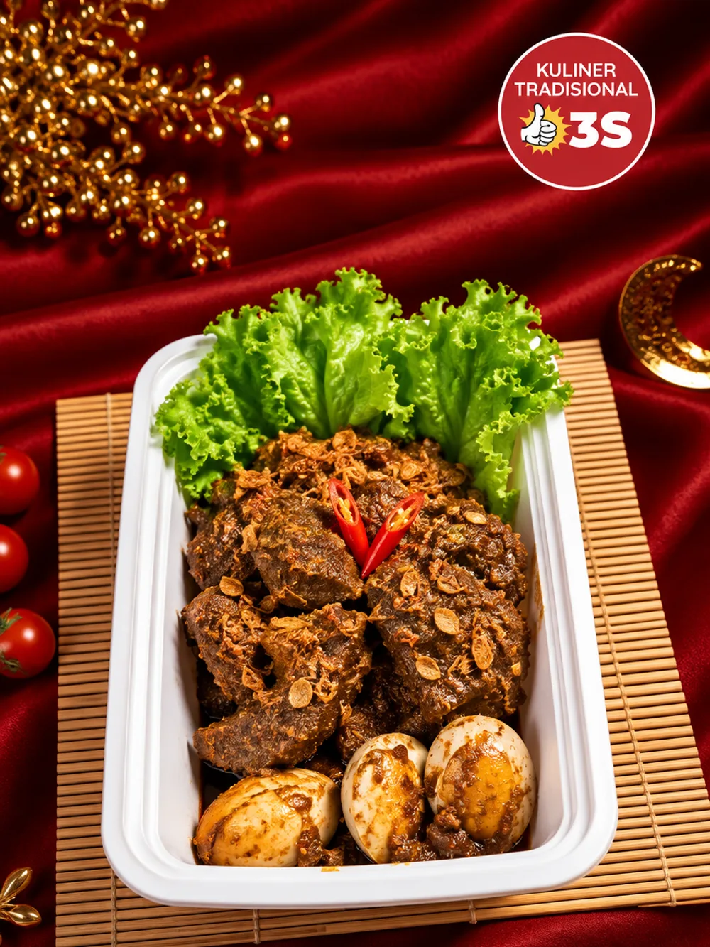 Lapis Daging — daging sapi bumbu lapis bertabur bawang goreng dengan telur pindang dan selada, ditata dalam tray saji putih