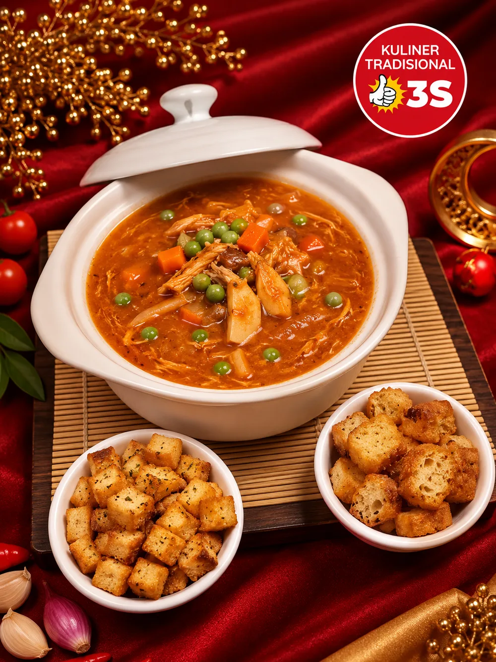 Sop Merah — sup berkuah tomat dengan ayam suwir, wortel dan kacang polong dalam panci saji putih bertutup, ditemani dua mangkuk crouton