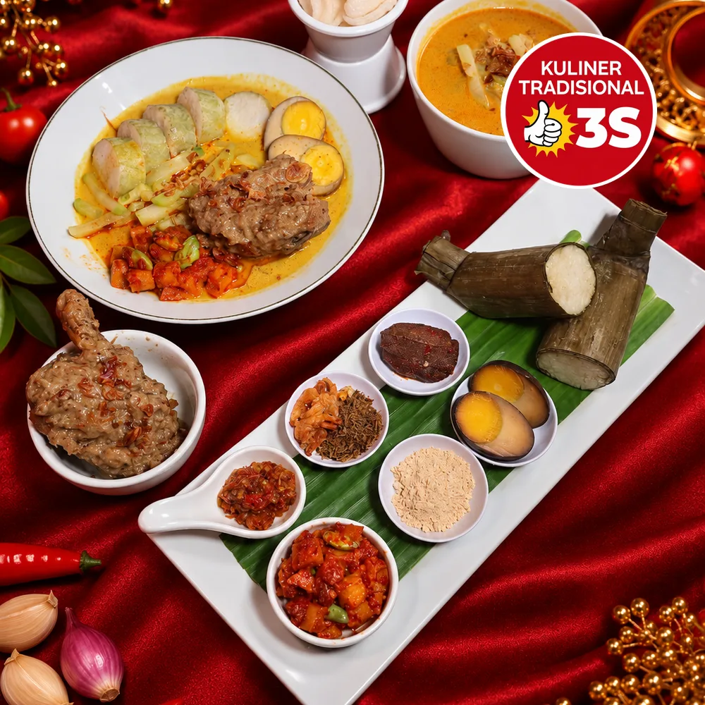 Lontong Cap Go Meh — lontong berkuah opor di piring putih, dilengkapi opor dalam mangkuk, lontong daun, telur pindang, koya dan sambal goreng di piring saji panjang, berlatar satin merah