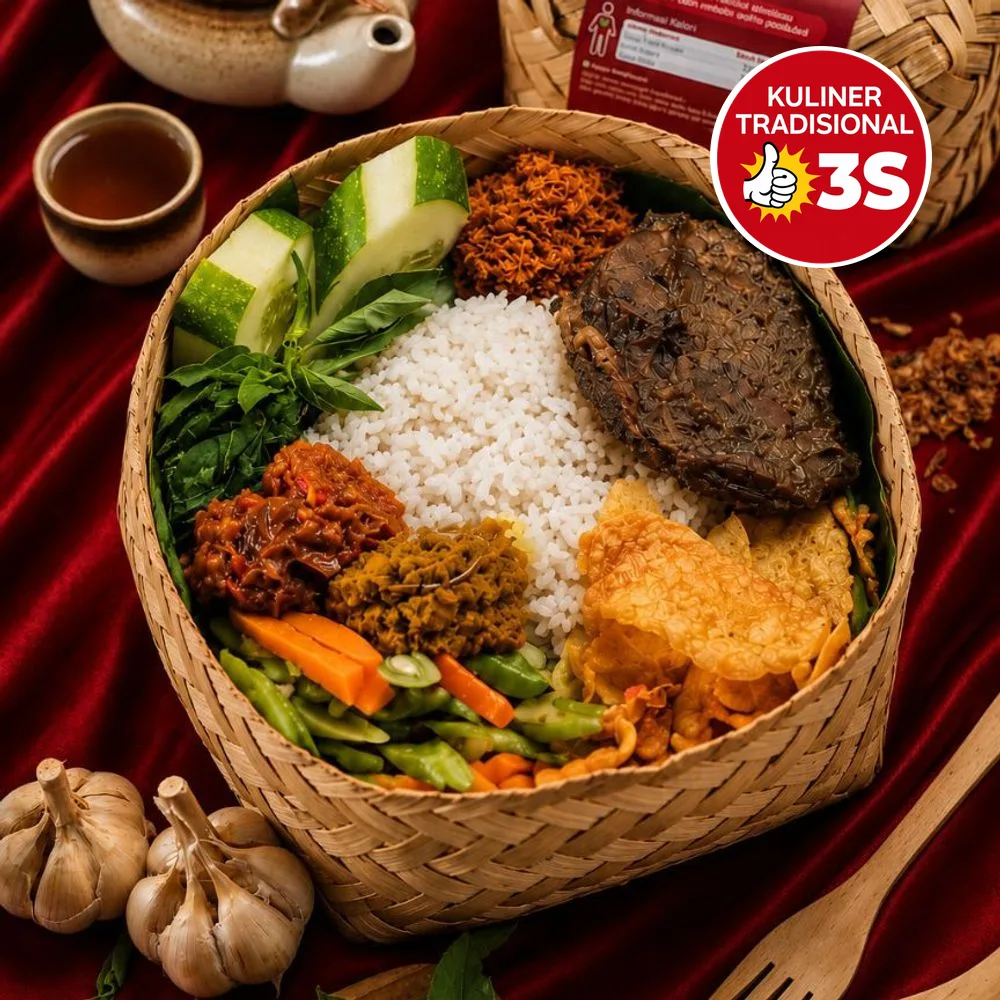 Nasi Empal — empal daging sapi dengan nasi putih, serundeng, sambal, tempe dan lalapan dalam besek anyaman, di sebelah besek bermerek Kuliner Tradisional 3S