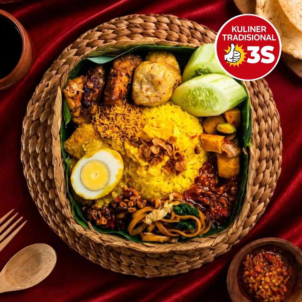 Nasi Kuning dengan ayam bakar, mie goreng, telur, serundeng, sambal dan timun dalam besek anyaman beralas daun pisang, berlatar satin merah