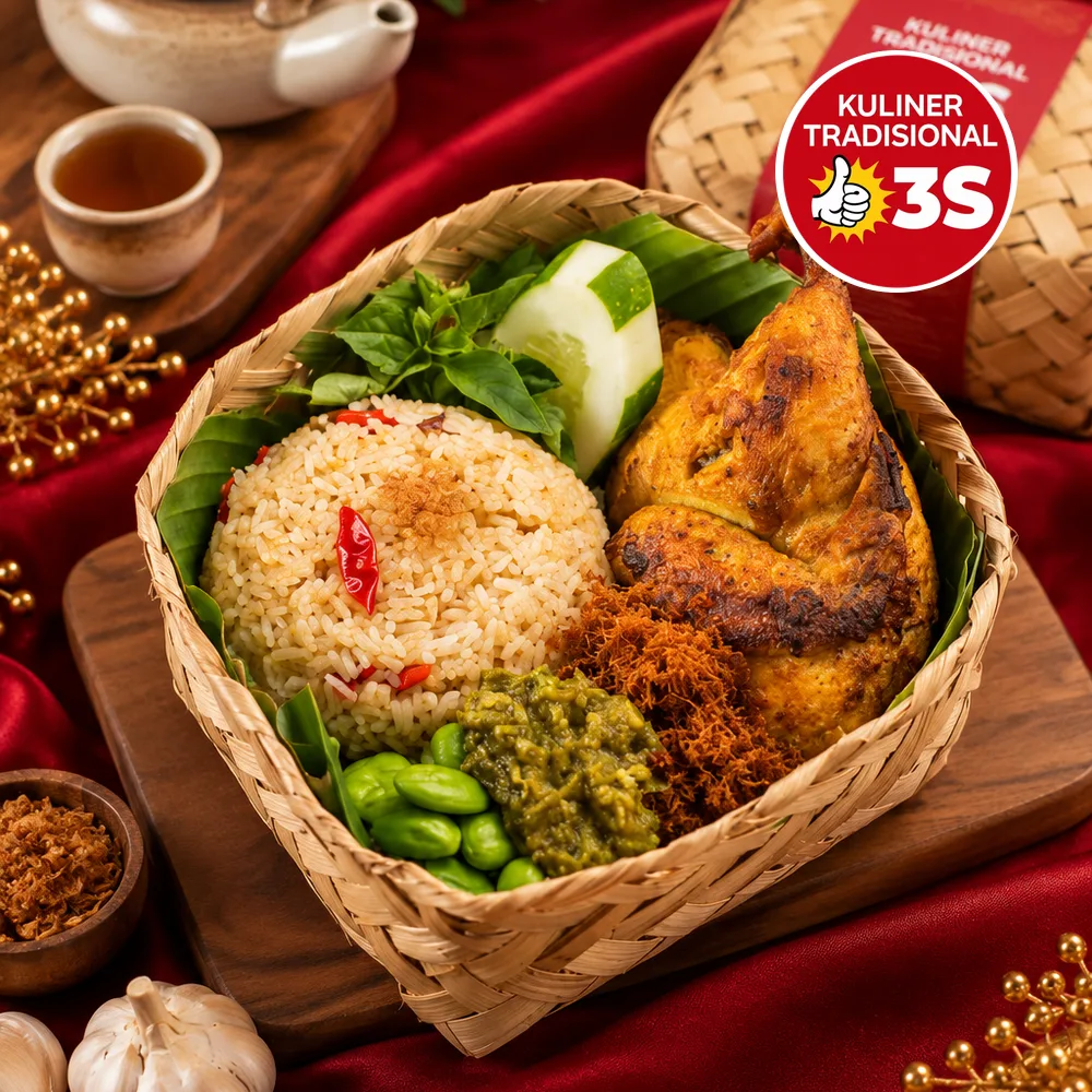 Nasi Liwet — nasi gurih dengan ayam bakar bumbu kuning, sambal ijo, serundeng dan edamame dalam besek anyaman, berlatar satin merah