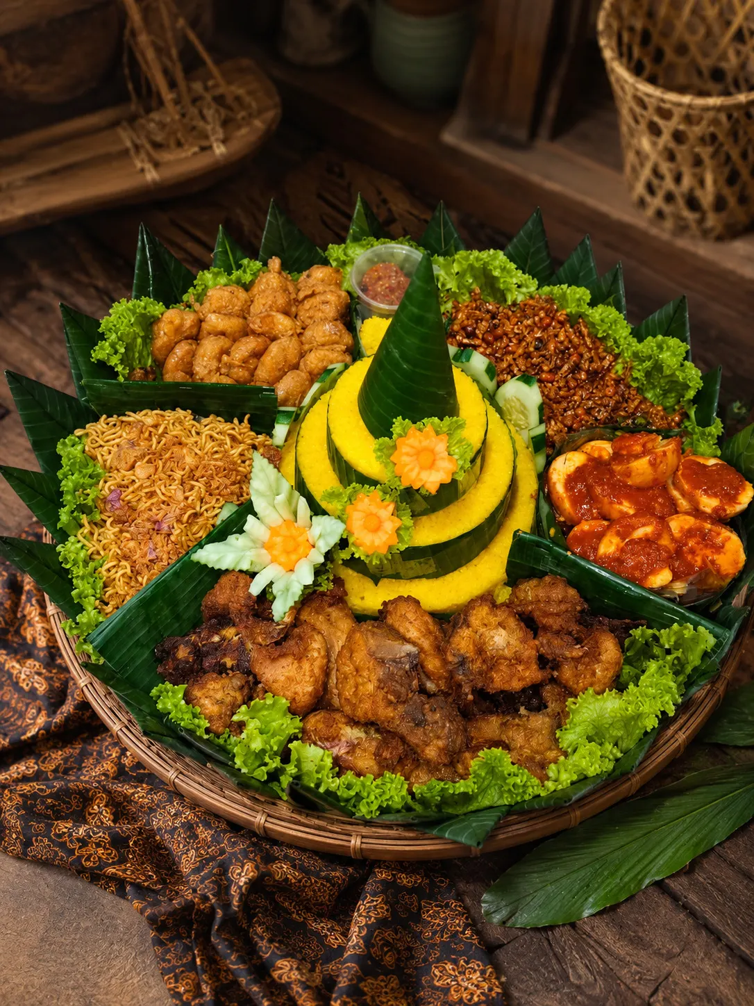 Tumpeng nasi kuning di atas tampah beralas daun pisang, dikelilingi ayam goreng, mie goreng, telur balado, kerupuk dan sambal