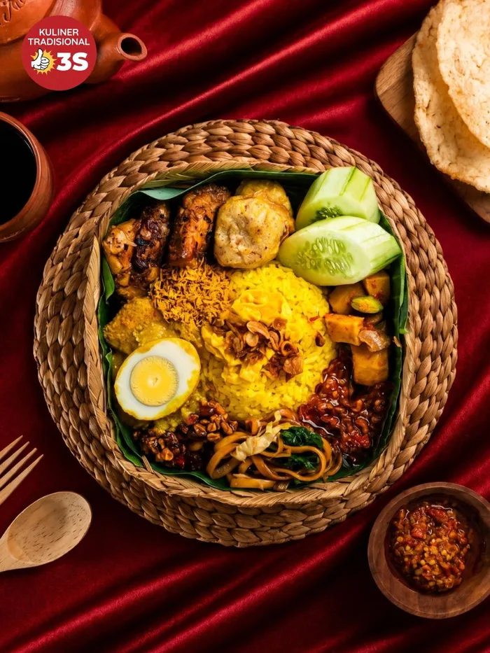Nasi kuning lengkap 3S dalam besek anyaman beralas daun pisang