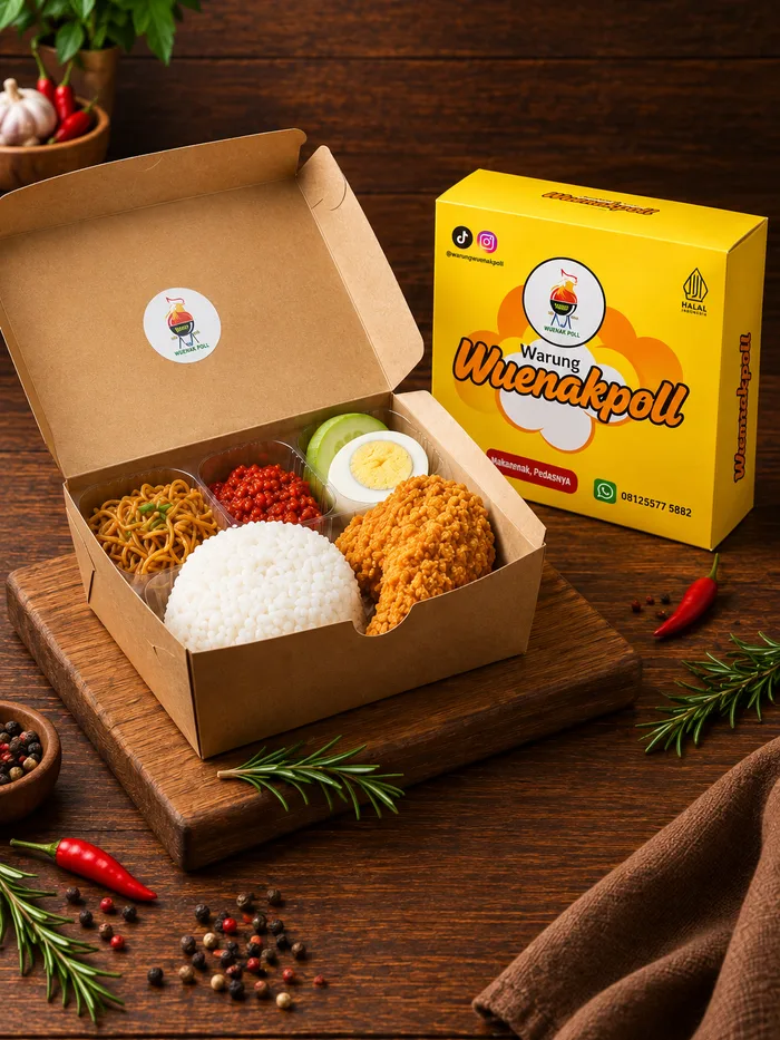 Nasi box Wuenak Poll dengan ayam crispy, telur, mie dan sambal