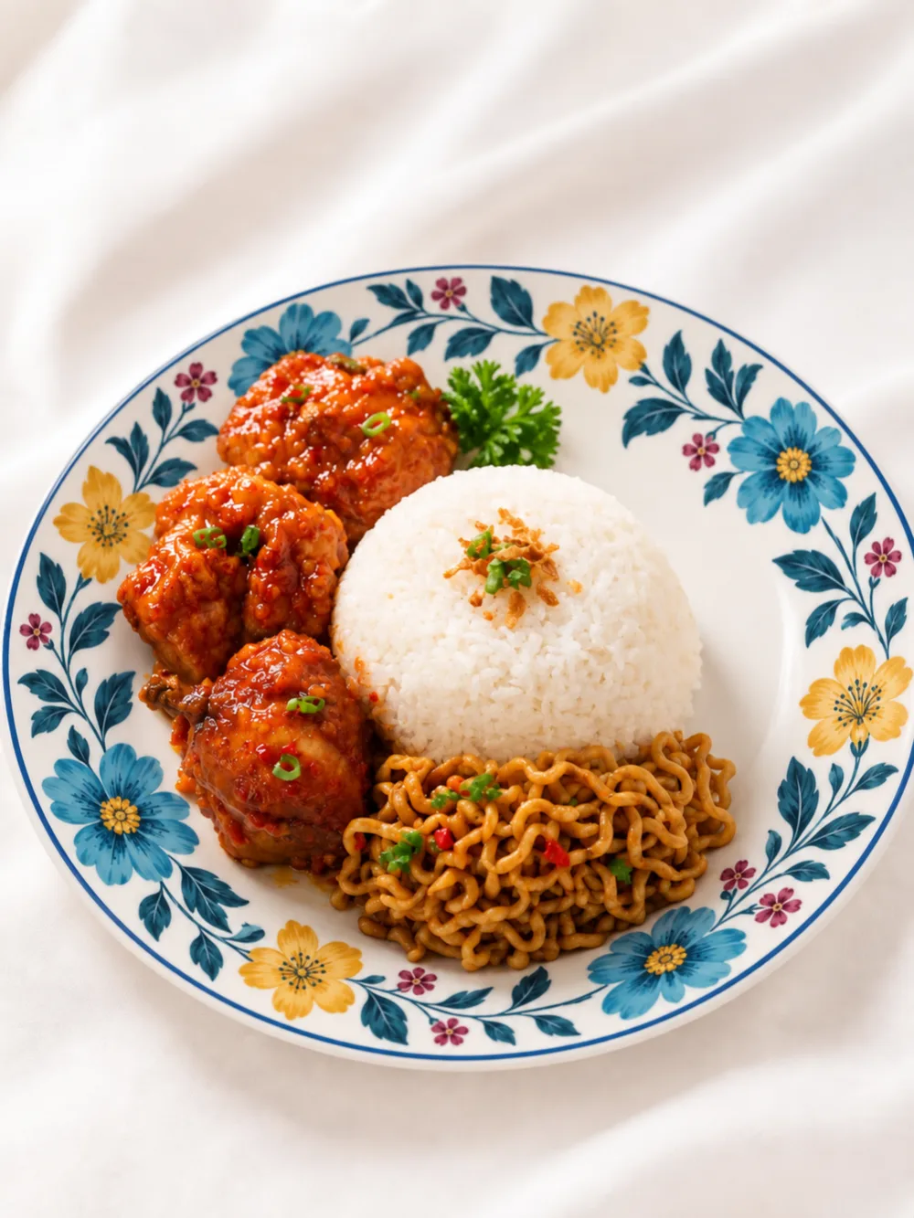 Nasi Ayam Balado — ayam goreng berbalut sambal balado merah dengan nasi putih dan bakmi goreng