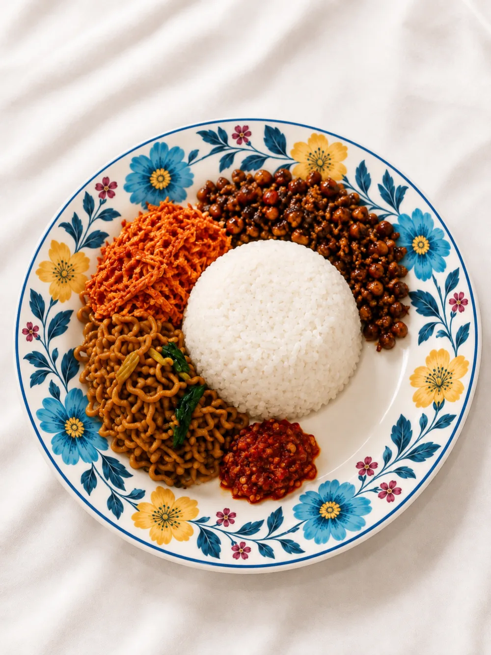 Nasi Ayam Suwir — ayam suwir bumbu sambal dengan bakmi goreng dan nasi putih